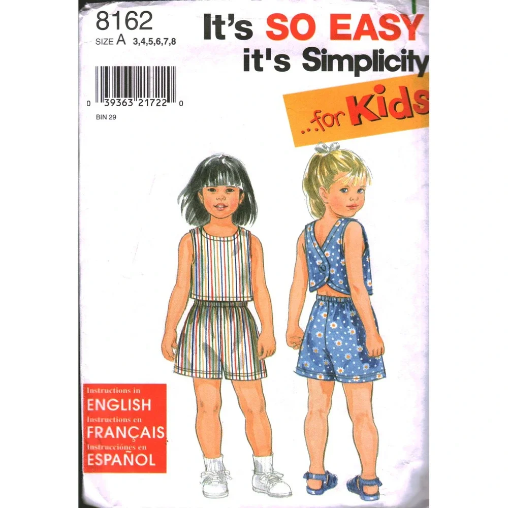 Simplicity 8162 Kids Top and Shorts Sewing Pattern Sz 3-4 Crossover Back Summer